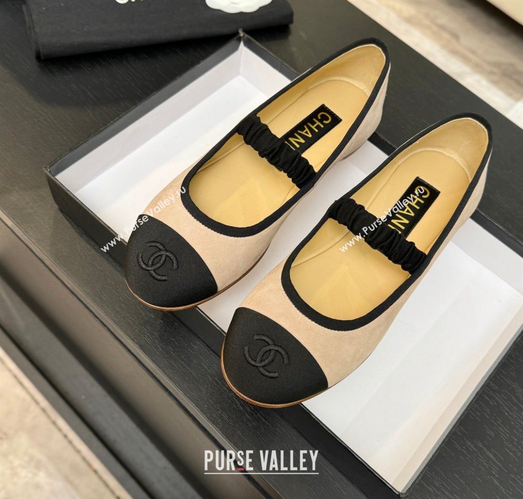 Chanel Suede Grosgrain Mary Janes Ballet Flats with Bow Nude 2025 G46542 (MD-251224030)