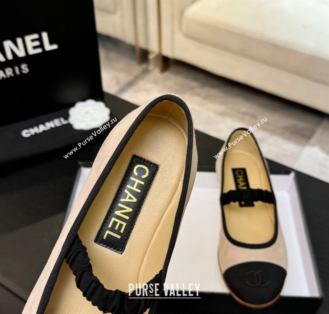 Chanel Suede Grosgrain Mary Janes Ballet Flats with Bow Nude 2025 G46542 (MD-251224030)