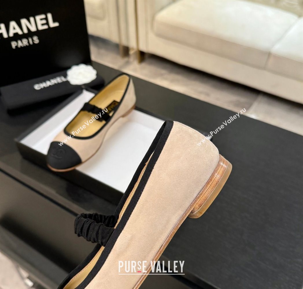 Chanel Suede Grosgrain Mary Janes Ballet Flats with Bow Nude 2025 G46542 (MD-251224030)