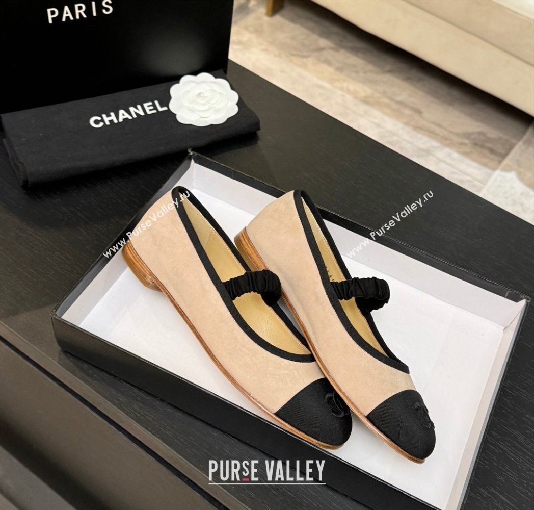 Chanel Suede Grosgrain Mary Janes Ballet Flats with Bow Nude 2025 G46542 (MD-251224030)