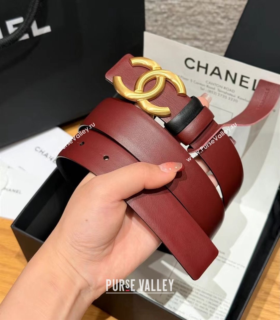Chanel Calfskin Leather Reversible Belt 3cm with CC Buckle Burgundy/Gold 2025 1231 (99-251231114)