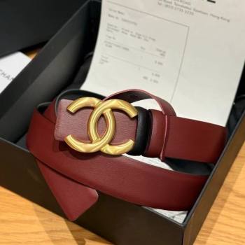 Chanel Calfskin Leather Reversible Belt 3cm with CC Buckle Burgundy/Gold 2025 1231 (99-251231114)