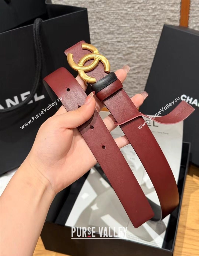 Chanel Calfskin Leather Reversible Belt 3cm with CC Buckle Burgundy/Gold 2025 1231 (99-251231114)