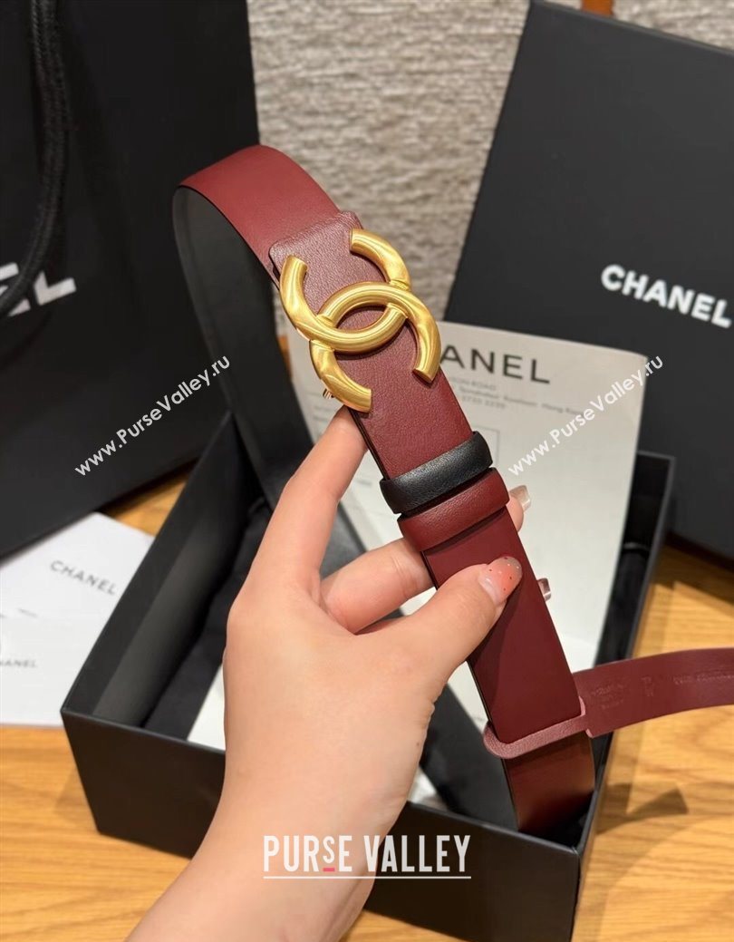 Chanel Calfskin Leather Reversible Belt 3cm with CC Buckle Burgundy/Gold 2025 1231 (99-251231114)
