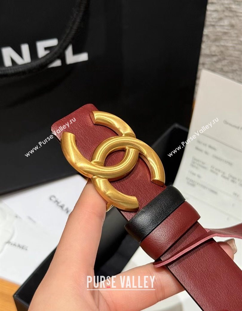 Chanel Calfskin Leather Reversible Belt 3cm with CC Buckle Burgundy/Gold 2025 1231 (99-251231114)