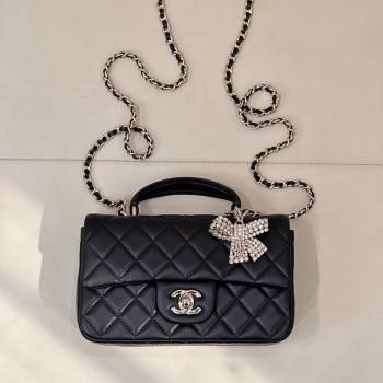 Chanel Lambskin Leather Mini Classic Flap Handbag With Top Handle and Bow Charm Black/Silver 2026 AS2431 (yezi-260204039)