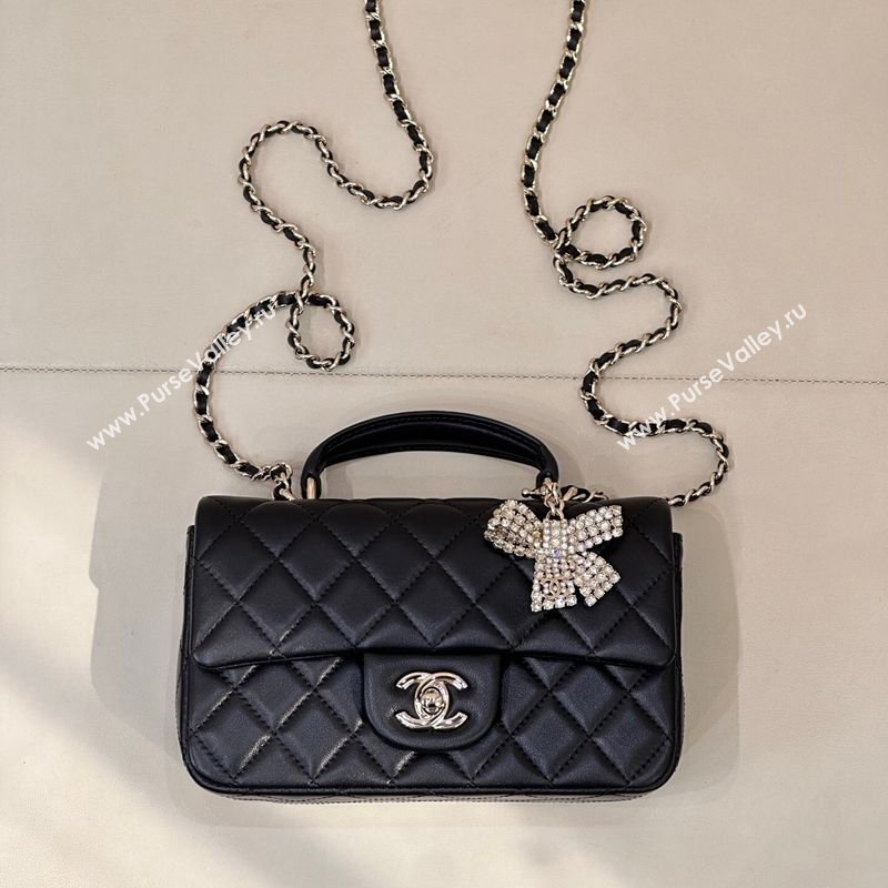 Chanel Lambskin Leather Mini Classic Flap Handbag With Top Handle and Bow Charm Black/Silver 2026 AS2431 (yezi-260204039)