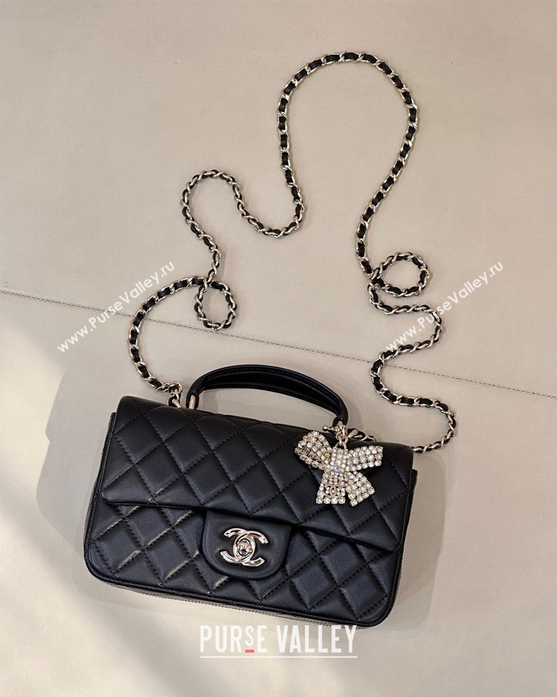Chanel Lambskin Leather Mini Classic Flap Handbag With Top Handle and Bow Charm Black/Silver 2026 AS2431 (yezi-260204039)