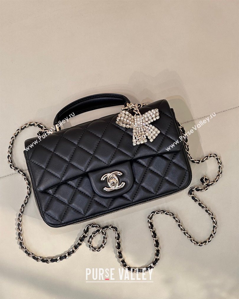 Chanel Lambskin Leather Mini Classic Flap Handbag With Top Handle and Bow Charm Black/Silver 2026 AS2431 (yezi-260204039)