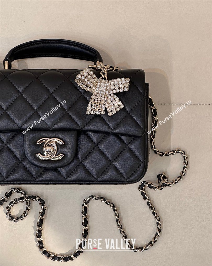 Chanel Lambskin Leather Mini Classic Flap Handbag With Top Handle and Bow Charm Black/Silver 2026 AS2431 (yezi-260204039)
