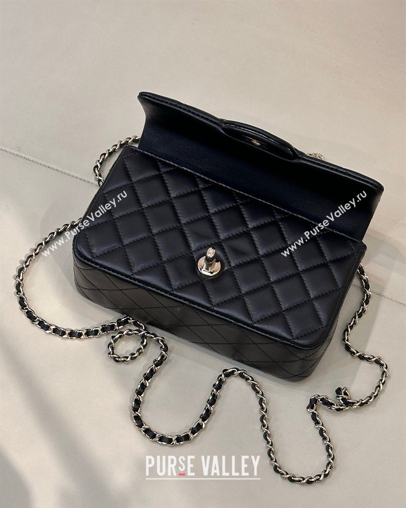 Chanel Lambskin Leather Mini Classic Flap Handbag With Top Handle and Bow Charm Black/Silver 2026 AS2431 (yezi-260204039)