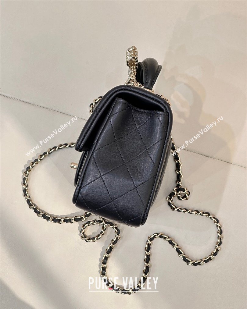 Chanel Lambskin Leather Mini Classic Flap Handbag With Top Handle and Bow Charm Black/Silver 2026 AS2431 (yezi-260204039)