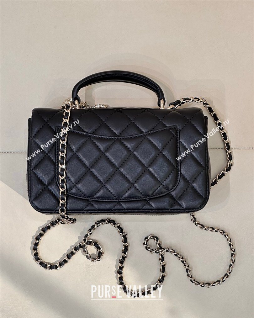 Chanel Lambskin Leather Mini Classic Flap Handbag With Top Handle and Bow Charm Black/Silver 2026 AS2431 (yezi-260204039)