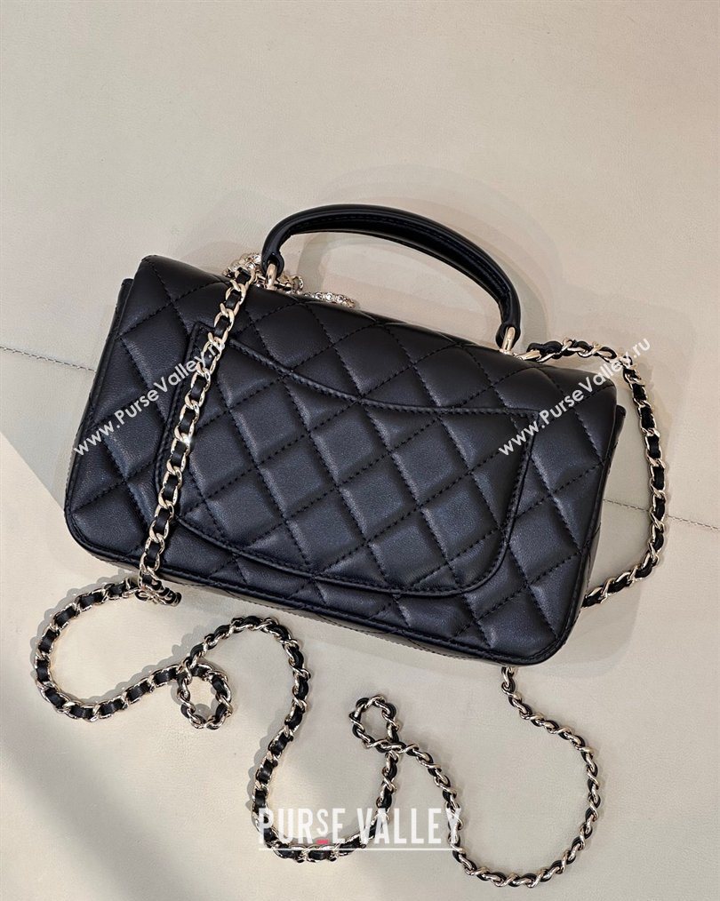 Chanel Lambskin Leather Mini Classic Flap Handbag With Top Handle and Bow Charm Black/Silver 2026 AS2431 (yezi-260204039)