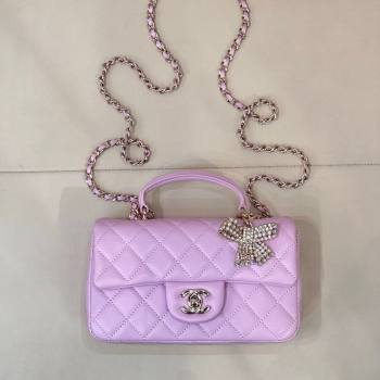 Chanel Lambskin Leather Mini Classic Flap Handbag With Top Handle and Bow Charm Light Purple 2026 AS2431 (yezi-260204040)