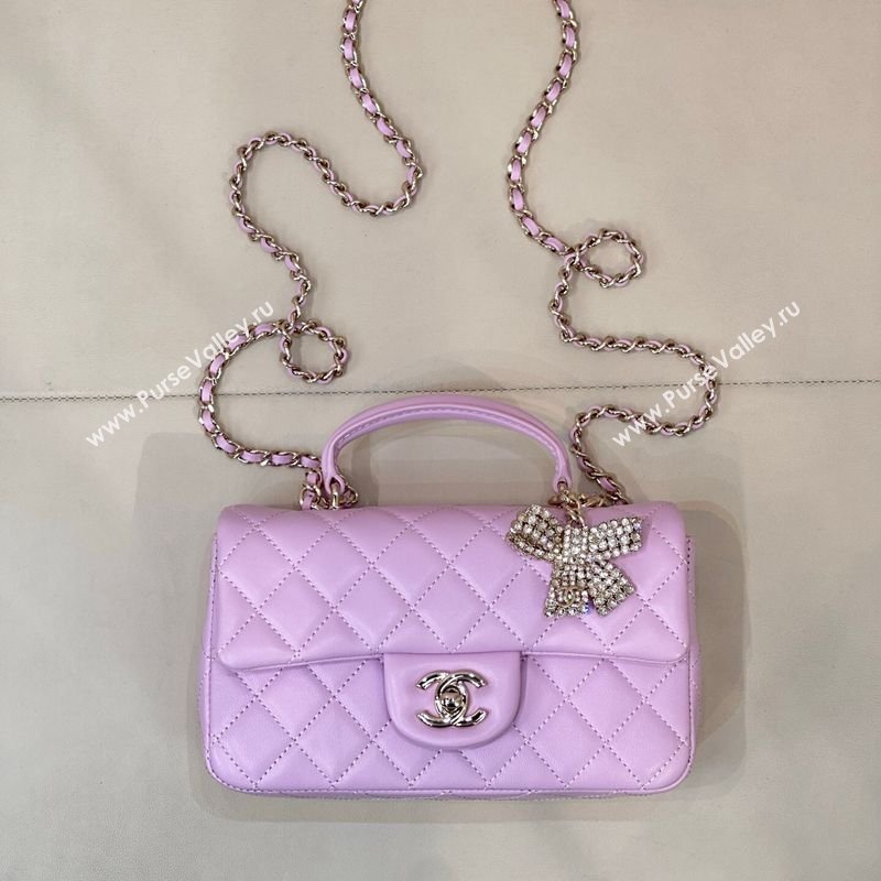 Chanel Lambskin Leather Mini Classic Flap Handbag With Top Handle and Bow Charm Light Purple 2026 AS2431 (yezi-260204040)