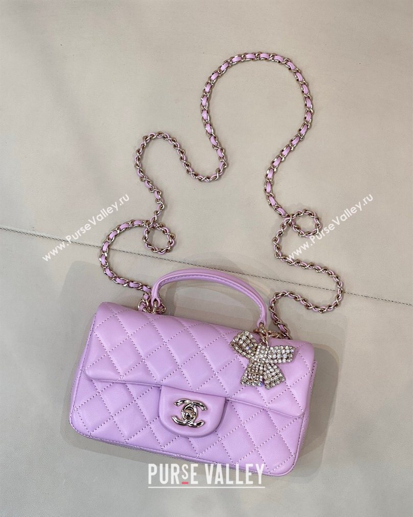 Chanel Lambskin Leather Mini Classic Flap Handbag With Top Handle and Bow Charm Light Purple 2026 AS2431 (yezi-260204040)