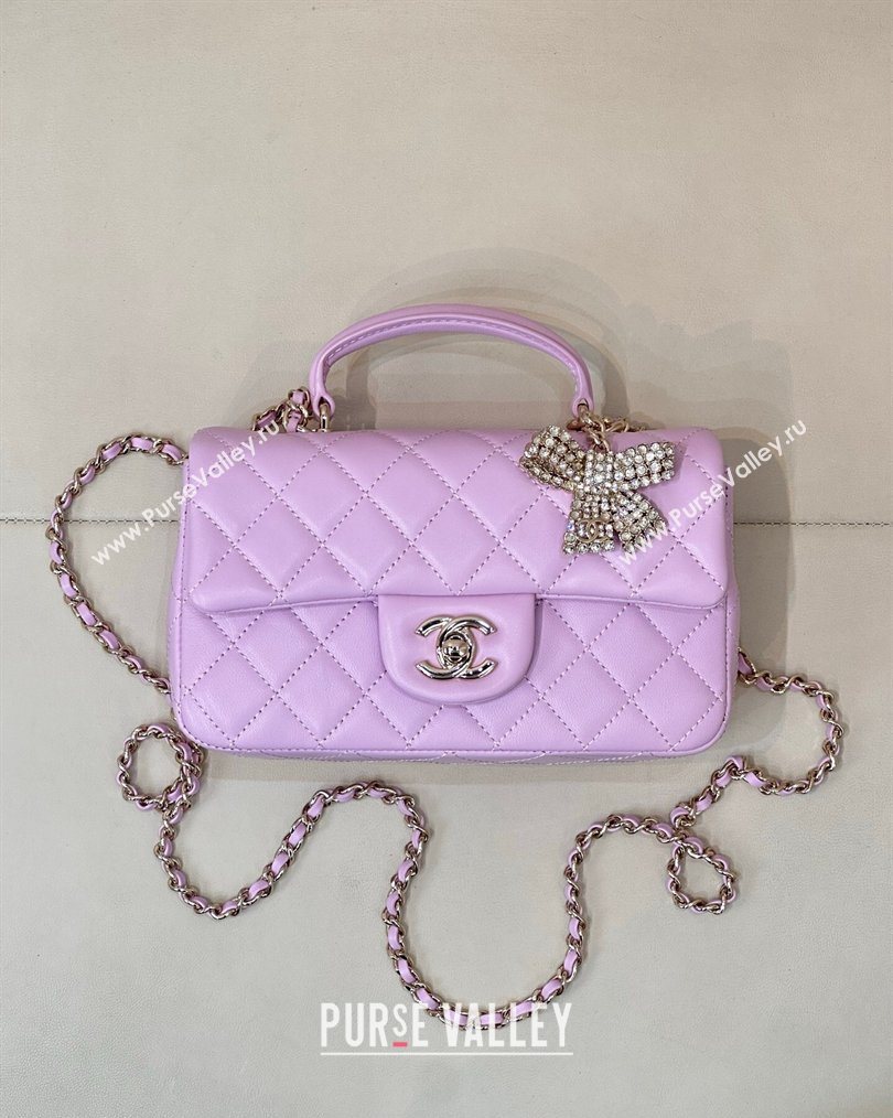 Chanel Lambskin Leather Mini Classic Flap Handbag With Top Handle and Bow Charm Light Purple 2026 AS2431 (yezi-260204040)