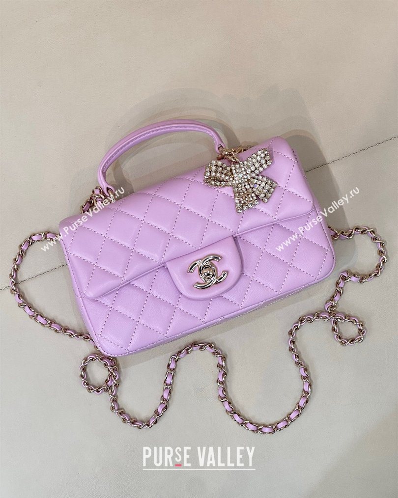 Chanel Lambskin Leather Mini Classic Flap Handbag With Top Handle and Bow Charm Light Purple 2026 AS2431 (yezi-260204040)