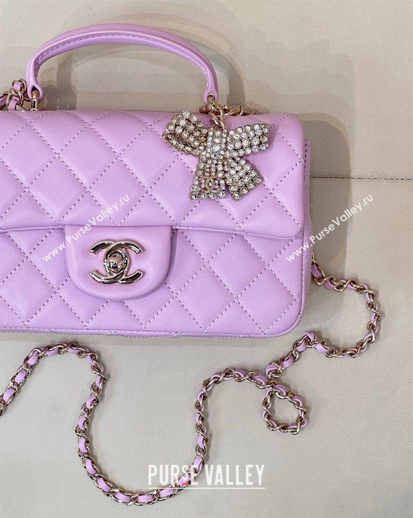 Chanel Lambskin Leather Mini Classic Flap Handbag With Top Handle and Bow Charm Light Purple 2026 AS2431 (yezi-260204040)