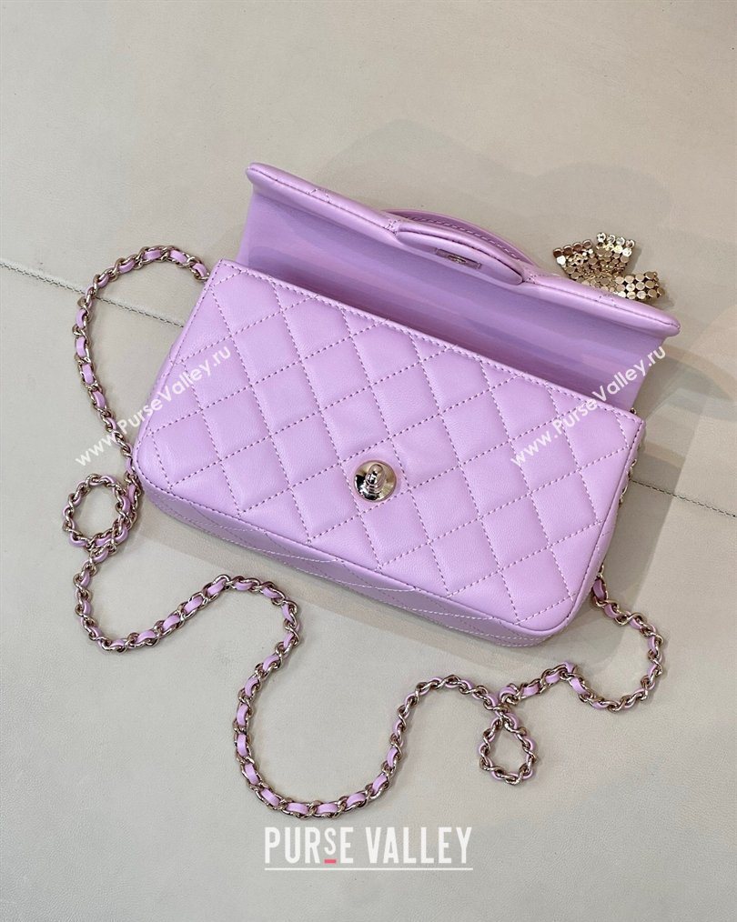 Chanel Lambskin Leather Mini Classic Flap Handbag With Top Handle and Bow Charm Light Purple 2026 AS2431 (yezi-260204040)