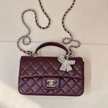 Chanel Lambskin Leather Mini Classic Flap Handbag With Top Handle and Bow Charm Dark Burgundy 2026 AS2431 (yezi-260204041)