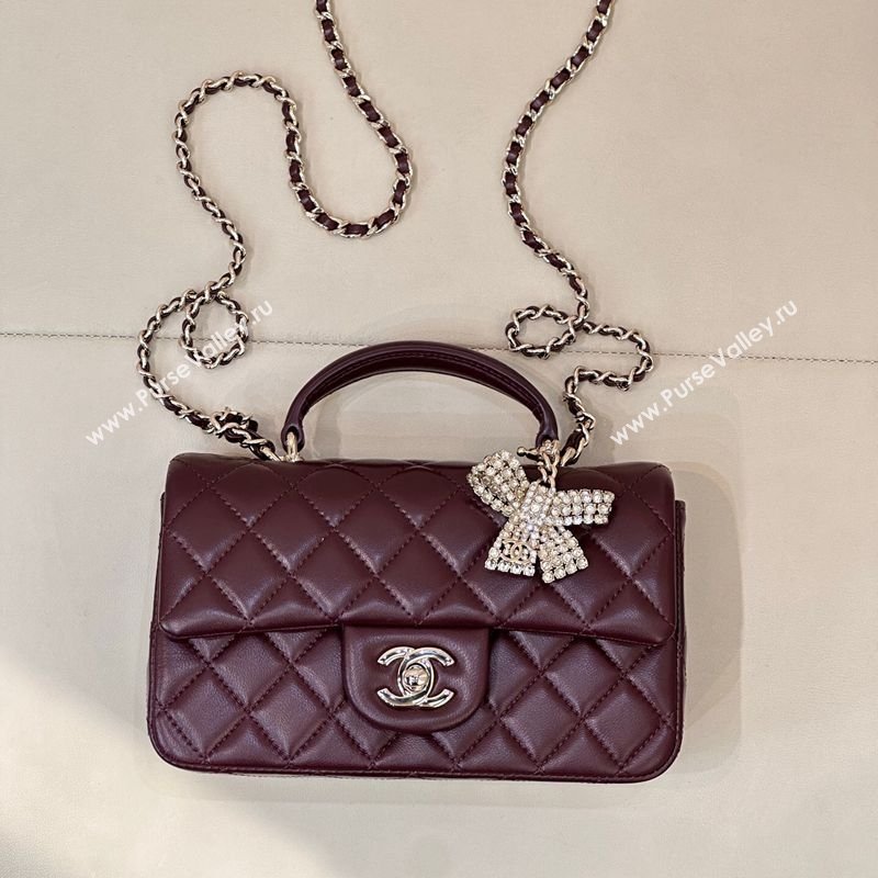 Chanel Lambskin Leather Mini Classic Flap Handbag With Top Handle and Bow Charm Dark Burgundy 2026 AS2431 (yezi-260204041)