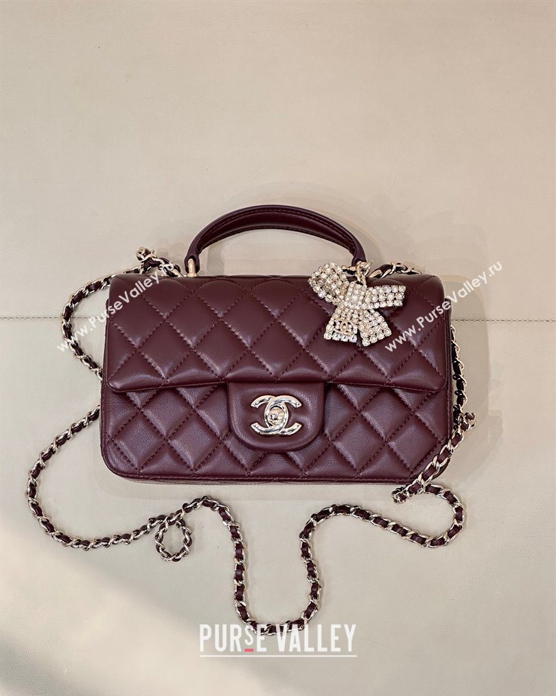 Chanel Lambskin Leather Mini Classic Flap Handbag With Top Handle and Bow Charm Dark Burgundy 2026 AS2431 (yezi-260204041)