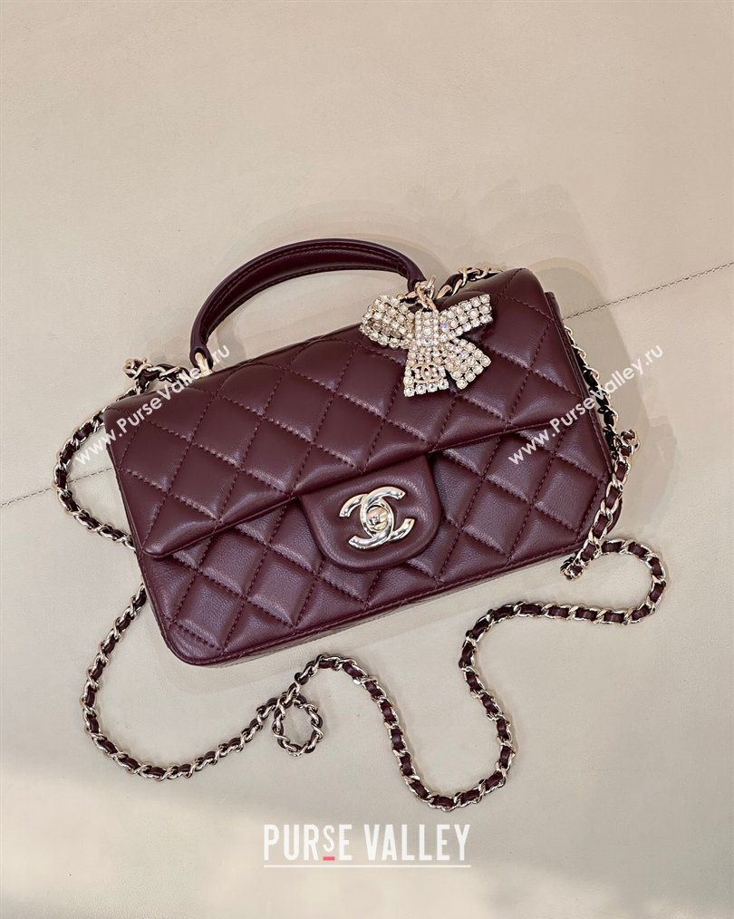 Chanel Lambskin Leather Mini Classic Flap Handbag With Top Handle and Bow Charm Dark Burgundy 2026 AS2431 (yezi-260204041)