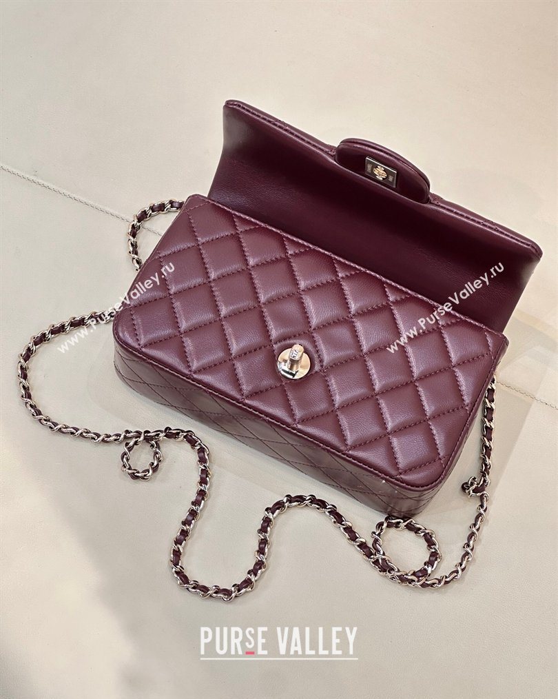 Chanel Lambskin Leather Mini Classic Flap Handbag With Top Handle and Bow Charm Dark Burgundy 2026 AS2431 (yezi-260204041)