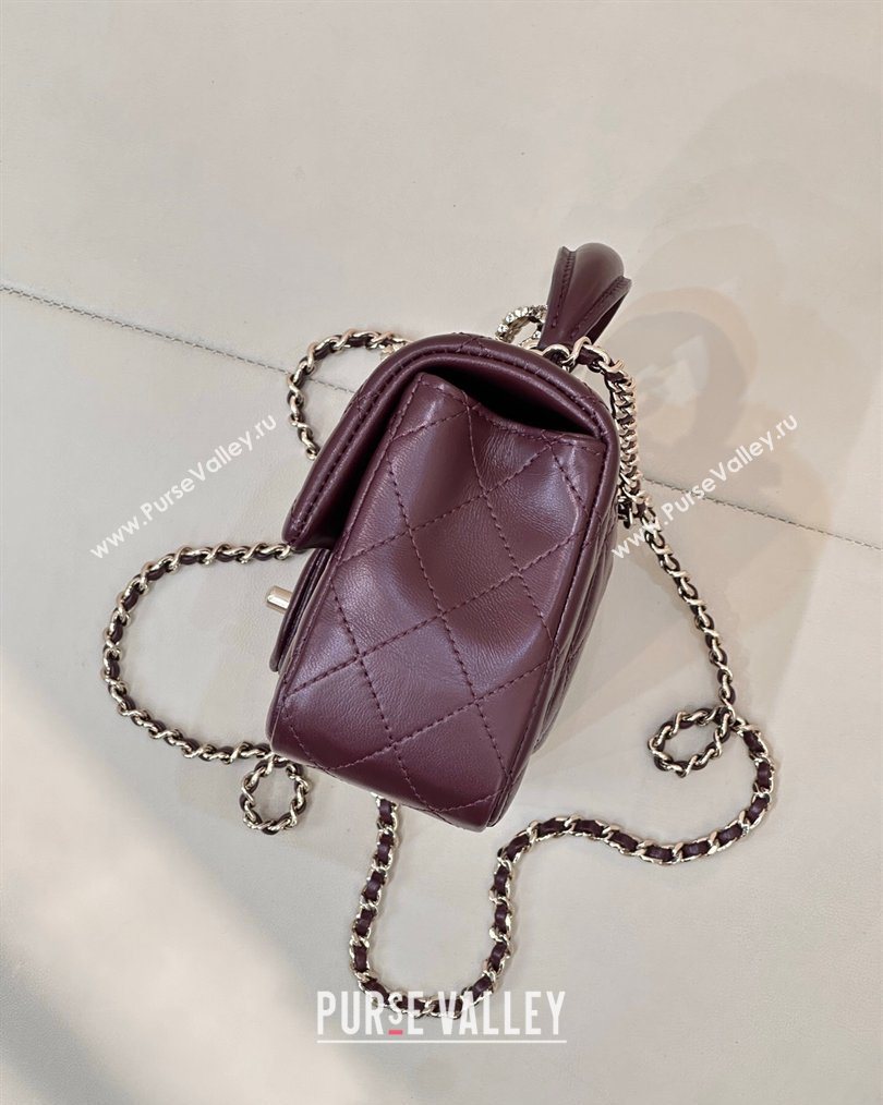 Chanel Lambskin Leather Mini Classic Flap Handbag With Top Handle and Bow Charm Dark Burgundy 2026 AS2431 (yezi-260204041)
