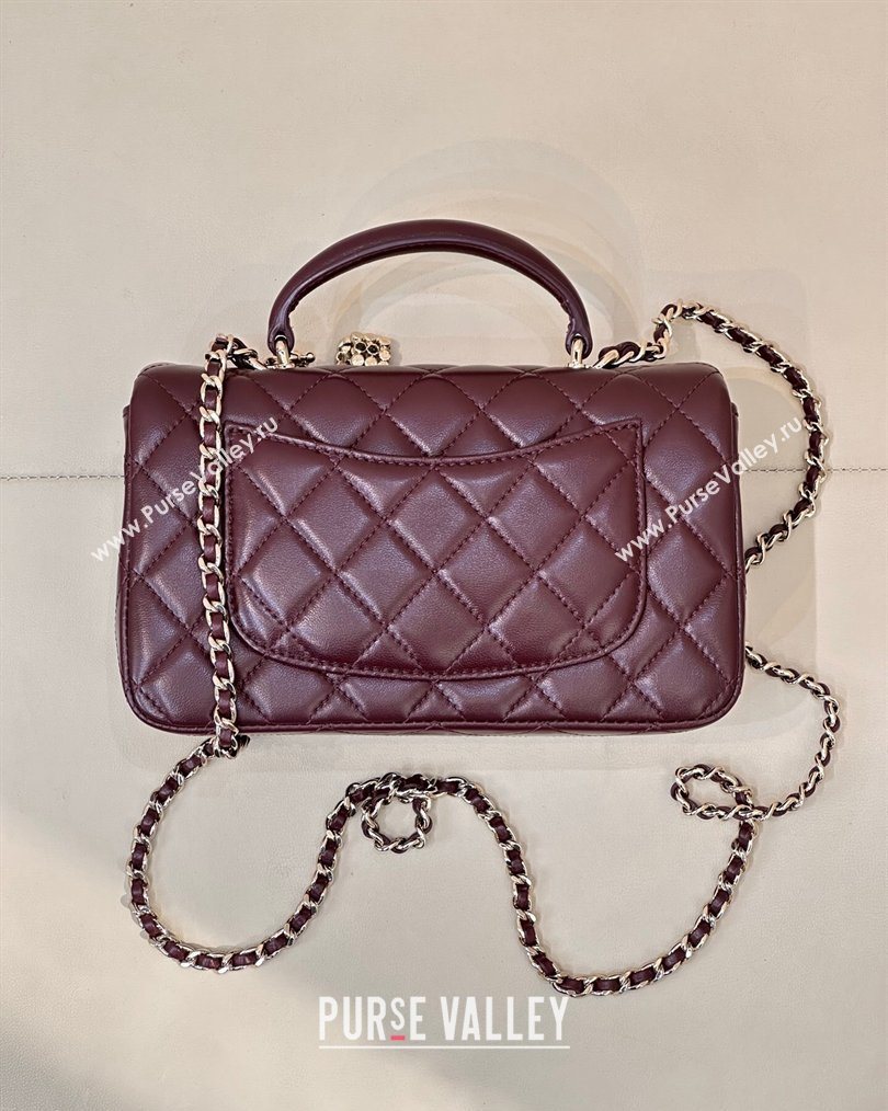 Chanel Lambskin Leather Mini Classic Flap Handbag With Top Handle and Bow Charm Dark Burgundy 2026 AS2431 (yezi-260204041)