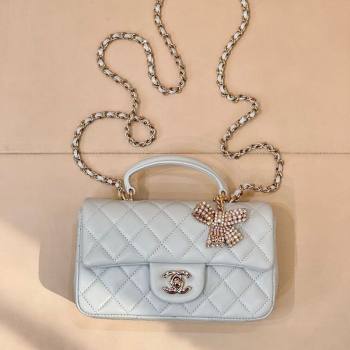 Chanel Lambskin Leather Mini Classic Flap Handbag With Top Handle and Bow Charm Light Blue 2026 AS2431 (yezi-260204042)