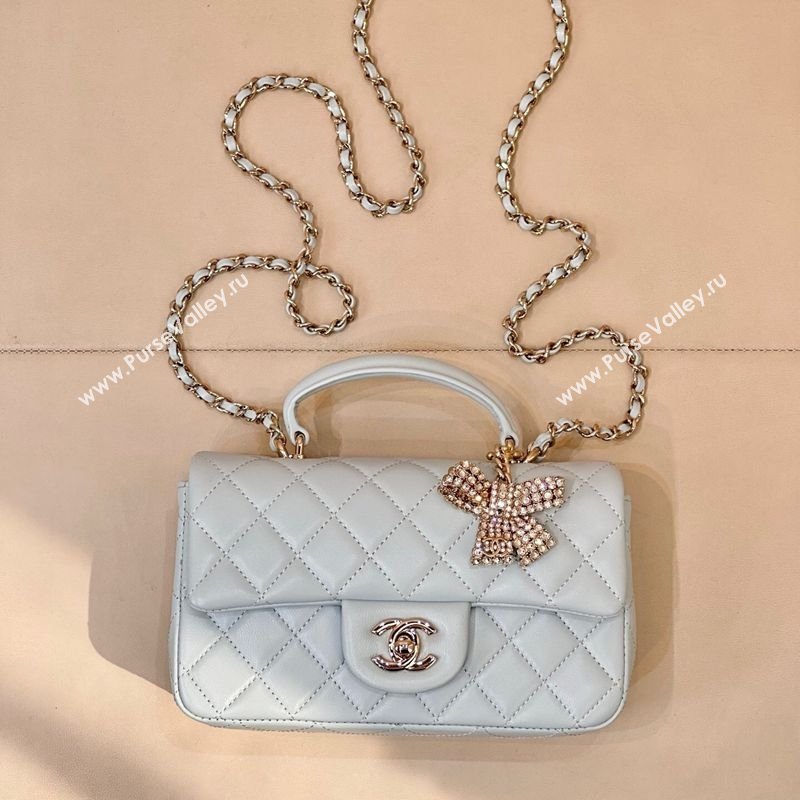 Chanel Lambskin Leather Mini Classic Flap Handbag With Top Handle and Bow Charm Light Blue 2026 AS2431 (yezi-260204042)