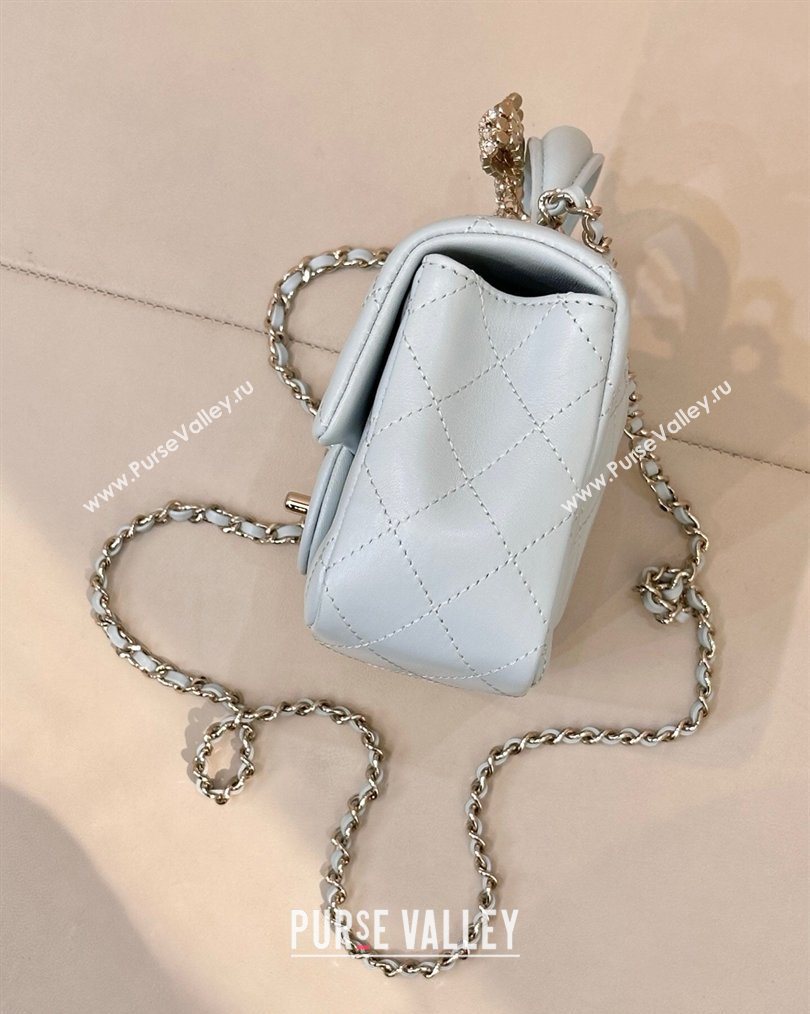 Chanel Lambskin Leather Mini Classic Flap Handbag With Top Handle and Bow Charm Light Blue 2026 AS2431 (yezi-260204042)