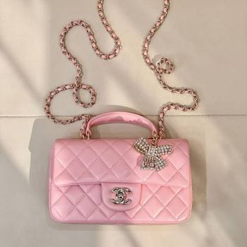 Chanel Lambskin Leather Mini Classic Flap Handbag With Top Handle and Bow Charm Sakura Pink 2026 AS2431 (yezi-260204043)