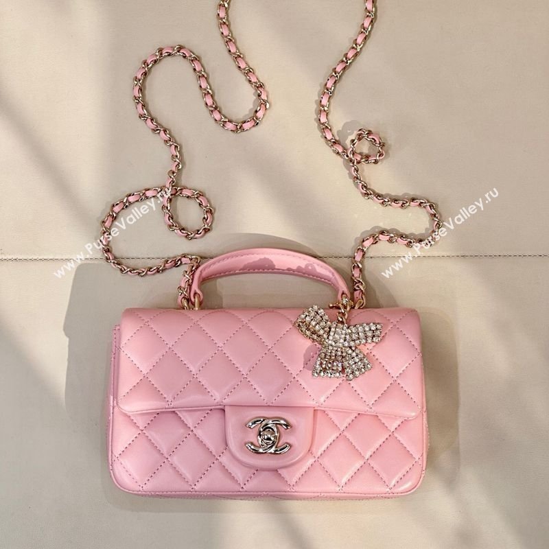 Chanel Lambskin Leather Mini Classic Flap Handbag With Top Handle and Bow Charm Sakura Pink 2026 AS2431 (yezi-260204043)