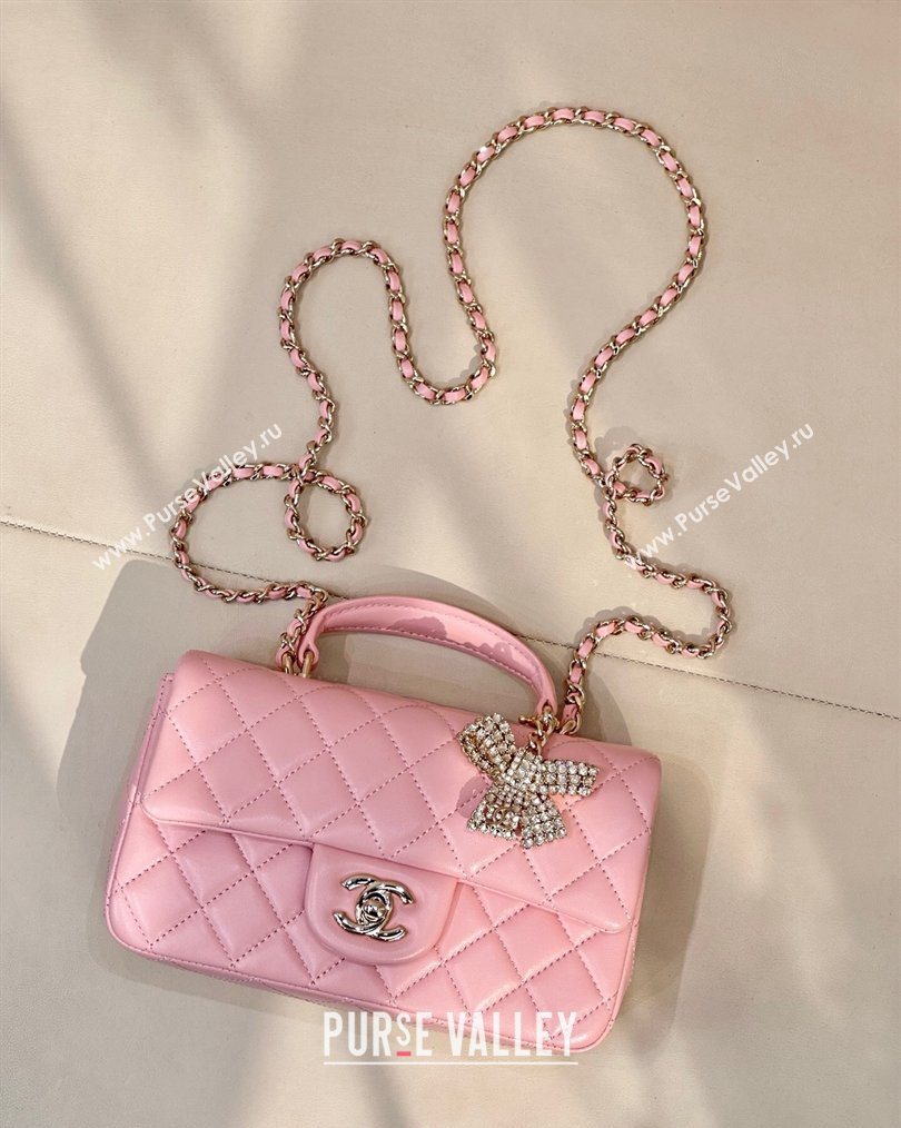 Chanel Lambskin Leather Mini Classic Flap Handbag With Top Handle and Bow Charm Sakura Pink 2026 AS2431 (yezi-260204043)