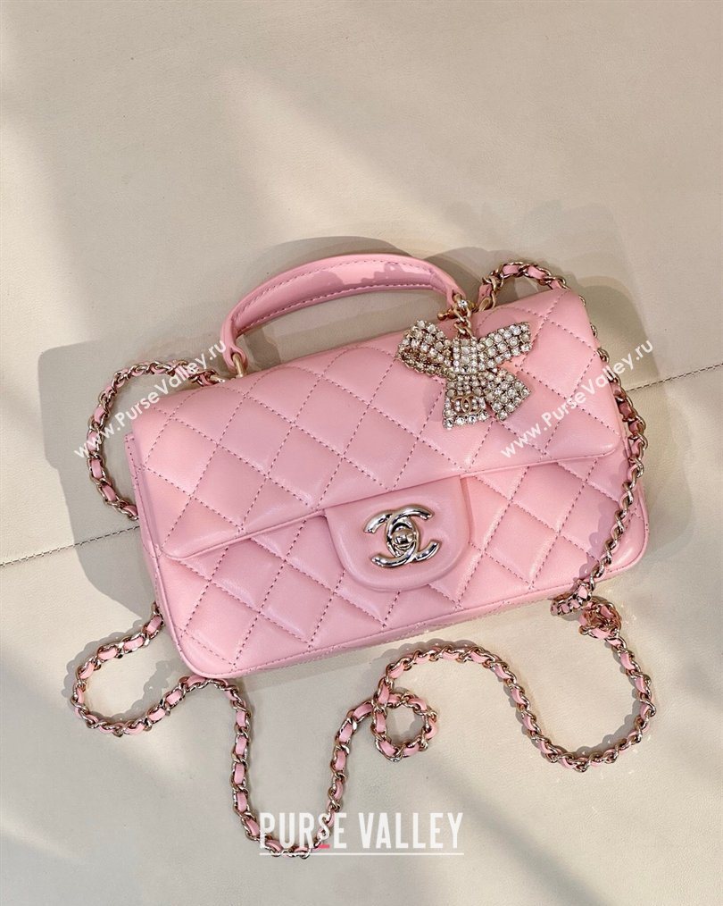 Chanel Lambskin Leather Mini Classic Flap Handbag With Top Handle and Bow Charm Sakura Pink 2026 AS2431 (yezi-260204043)