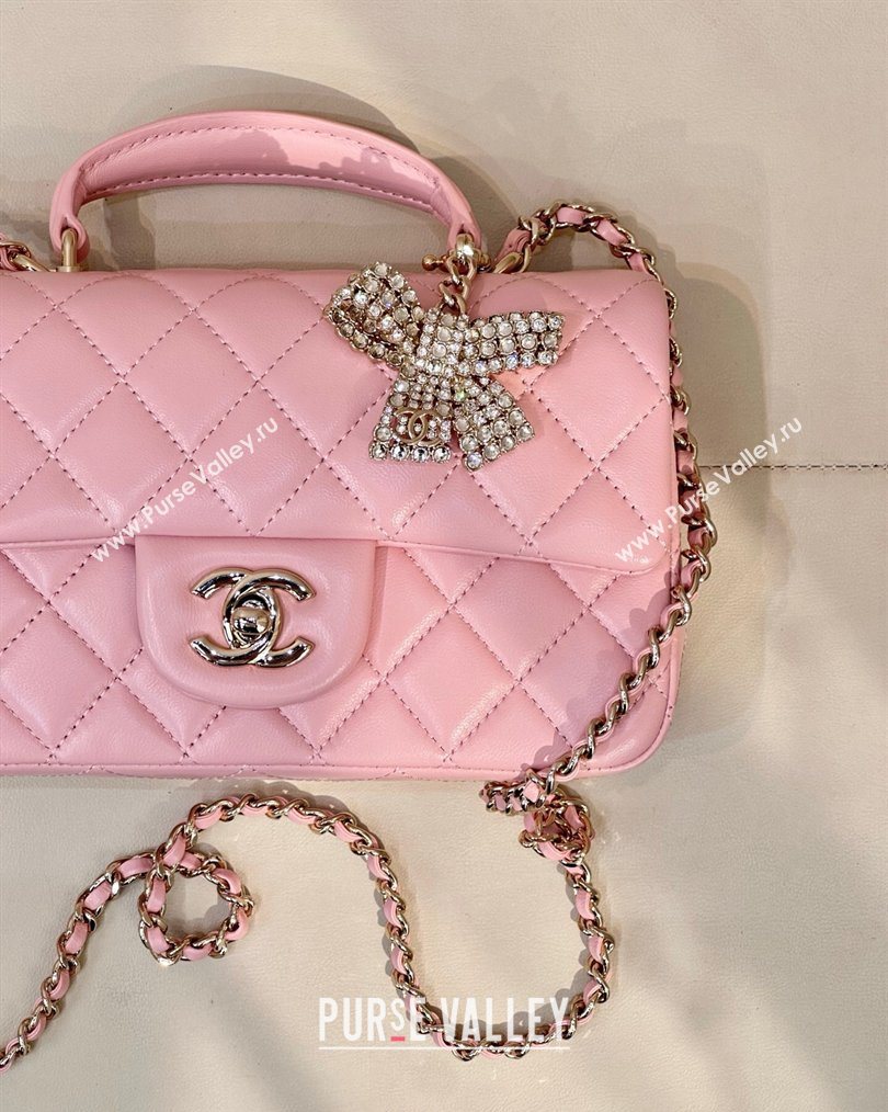 Chanel Lambskin Leather Mini Classic Flap Handbag With Top Handle and Bow Charm Sakura Pink 2026 AS2431 (yezi-260204043)