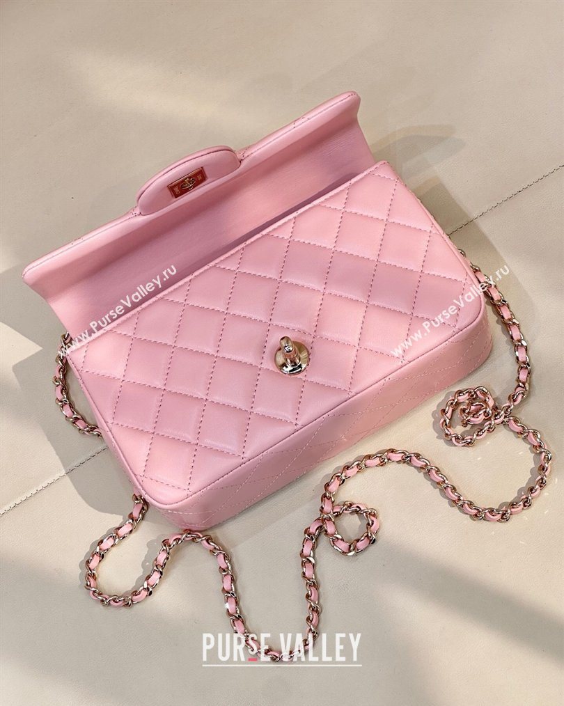 Chanel Lambskin Leather Mini Classic Flap Handbag With Top Handle and Bow Charm Sakura Pink 2026 AS2431 (yezi-260204043)