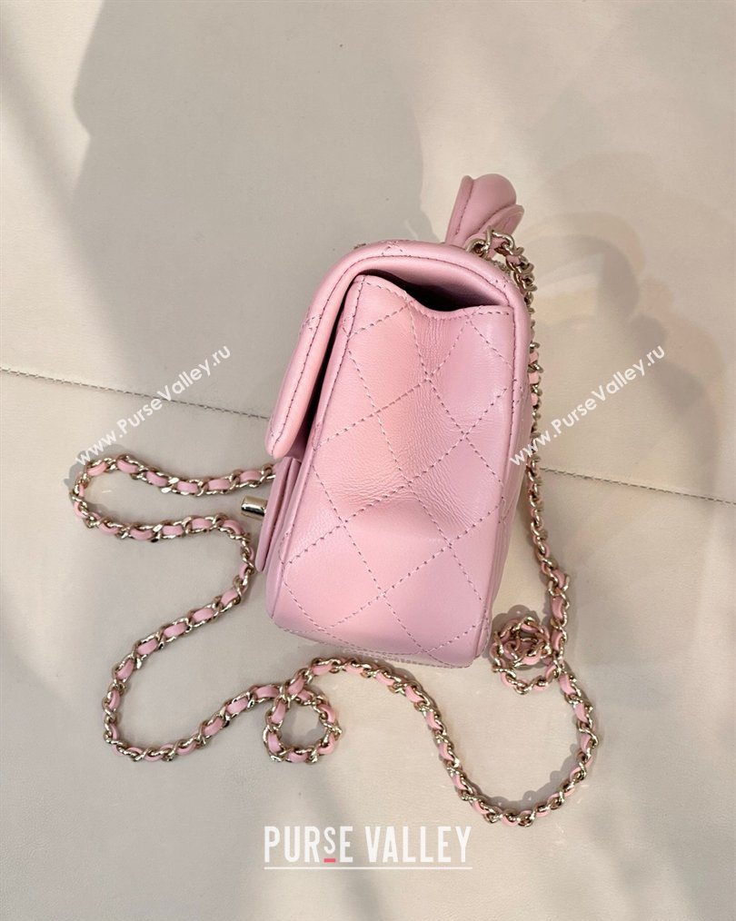 Chanel Lambskin Leather Mini Classic Flap Handbag With Top Handle and Bow Charm Sakura Pink 2026 AS2431 (yezi-260204043)