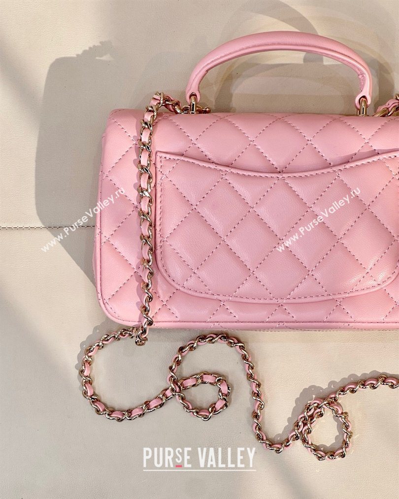 Chanel Lambskin Leather Mini Classic Flap Handbag With Top Handle and Bow Charm Sakura Pink 2026 AS2431 (yezi-260204043)