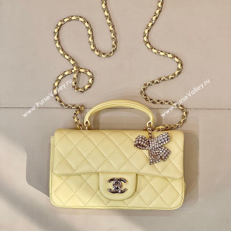 Chanel Lambskin Leather Mini Classic Flap Handbag With Top Handle and Bow Charm Yellow 2026 AS2431 (yezi-260204044)