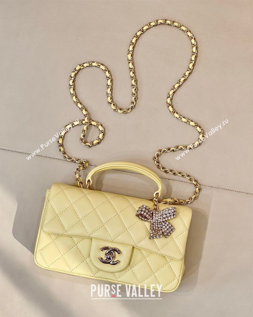 Chanel Lambskin Leather Mini Classic Flap Handbag With Top Handle and Bow Charm Yellow 2026 AS2431 (yezi-260204044)