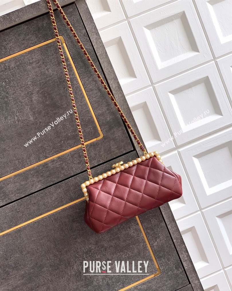 Chanel Lambskin Leather Pearls Clutch with Chain Burgundy 2026 AS5912 (yezi-260203046)