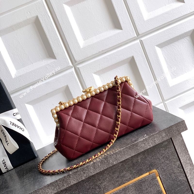 Chanel Lambskin Leather Pearls Clutch with Chain Burgundy 2026 AS5912 (yezi-260203046)