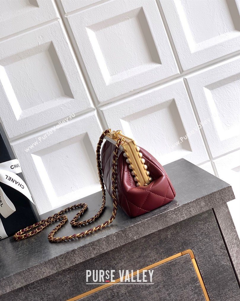 Chanel Lambskin Leather Pearls Clutch with Chain Burgundy 2026 AS5912 (yezi-260203046)