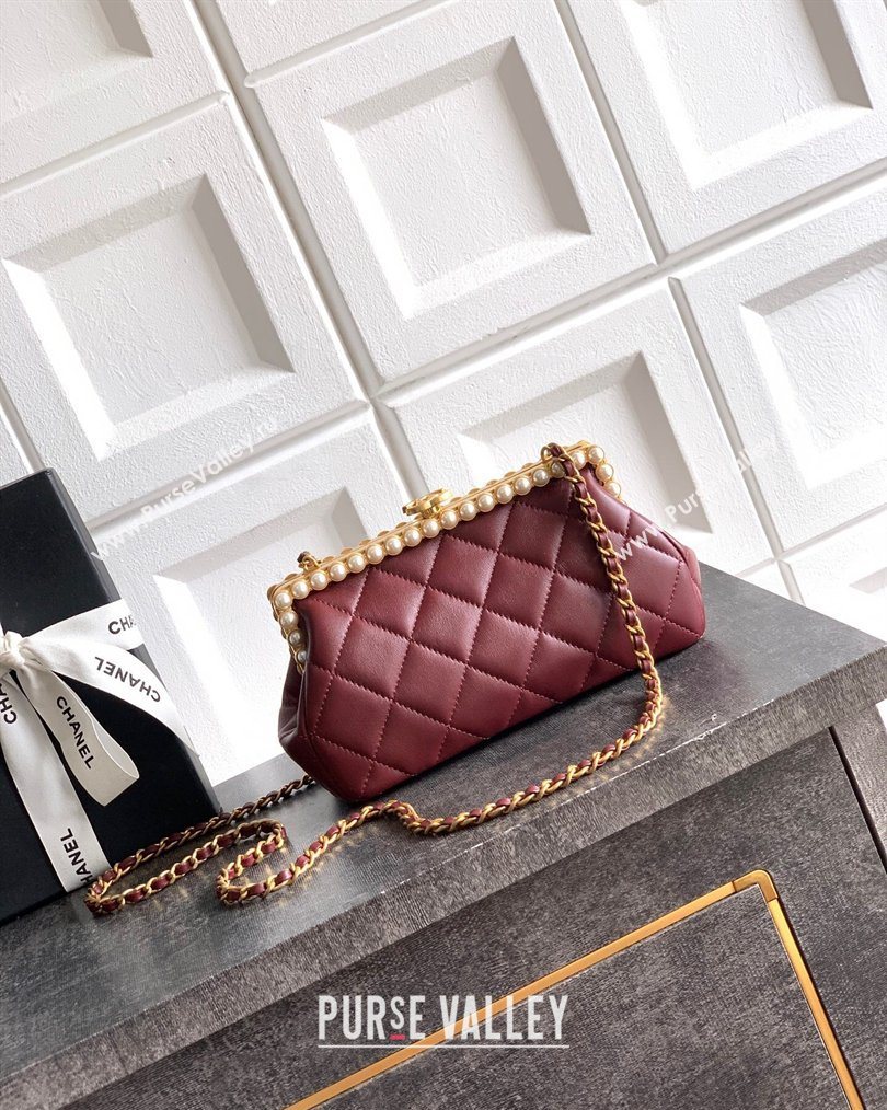 Chanel Lambskin Leather Pearls Clutch with Chain Burgundy 2026 AS5912 (yezi-260203046)