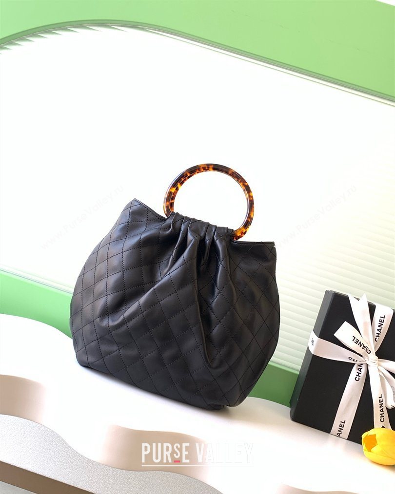 Chanel Calfskin Leather Turtoise-Shell Effect Top Handle Hobo Bag Black 2026 AS6010 (yezi-260203064)